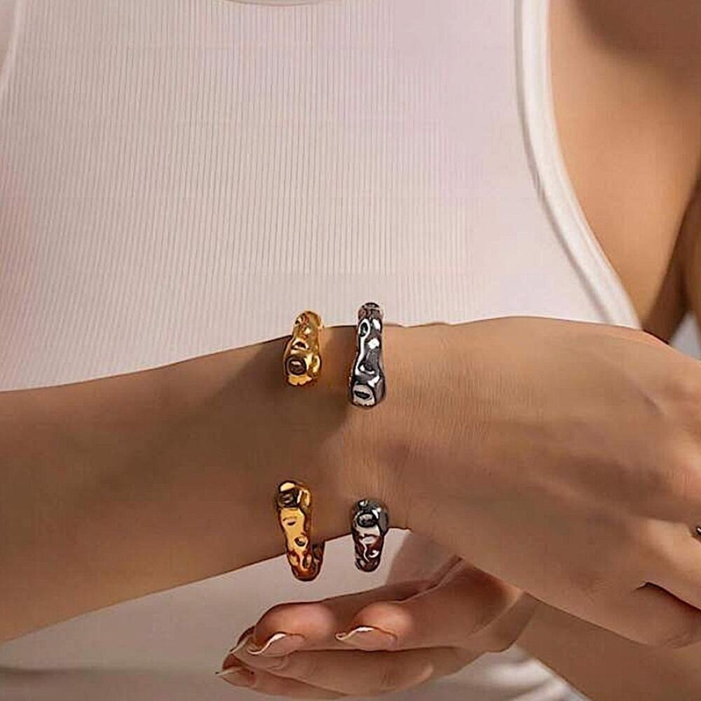 Stainless Steel Irregular Contour Bracelet Bangle Cuff Hammered - Picture 6 of 8